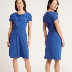 Betabrand Women’s Blue Seaglass Cowl Neckline Ruched Waist Canopy Dress M